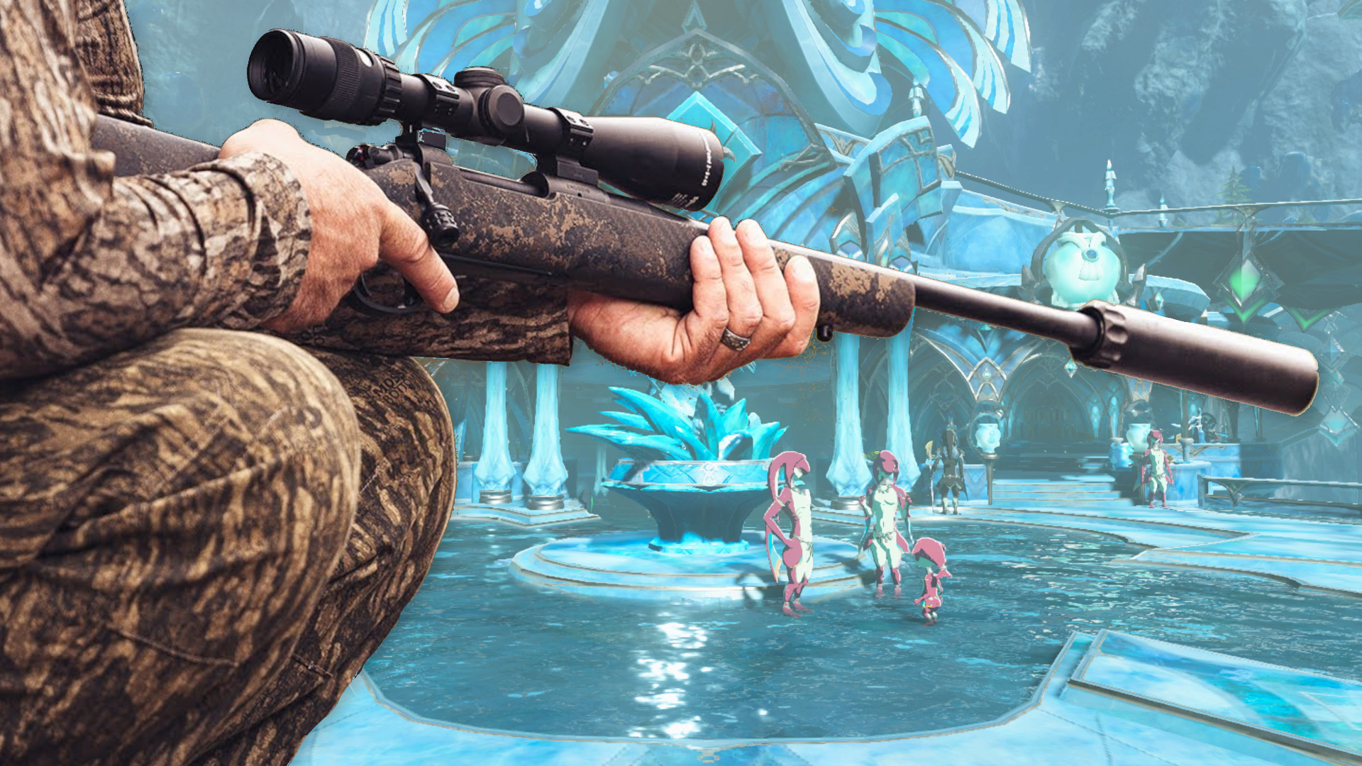 A hunter looms in the foreground, Zora domain plaza in the background is full of unsuspecting Zora.