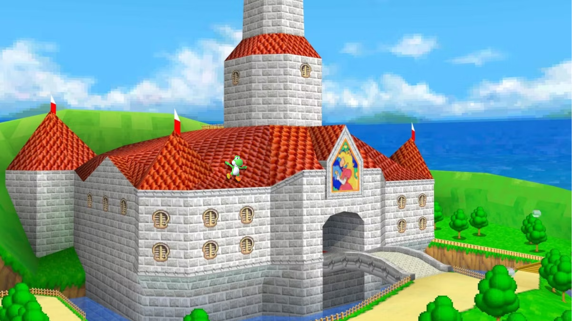 Yoshi on the roof of Peach's Castle